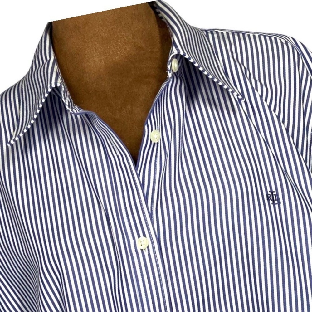 Lauren Ralph Lauren Womens 2X Non-Iron Striped Button Down Shirt Blue White LRL